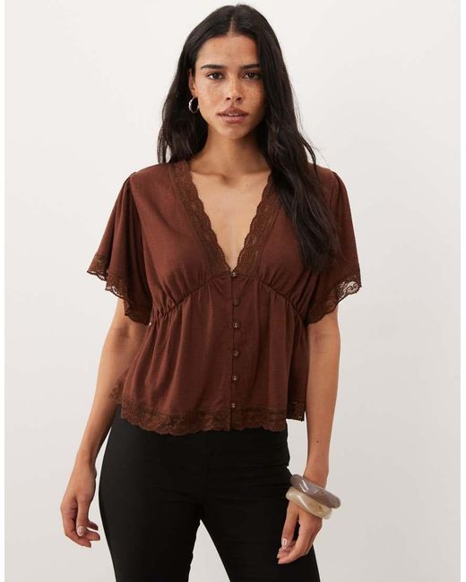 Miss Selfridge Brown Button Through Tea Top With Lace Trim