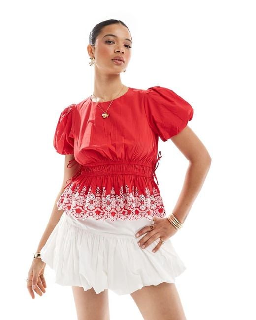 New Look Red Puff Sleeve Embroide Hem Top