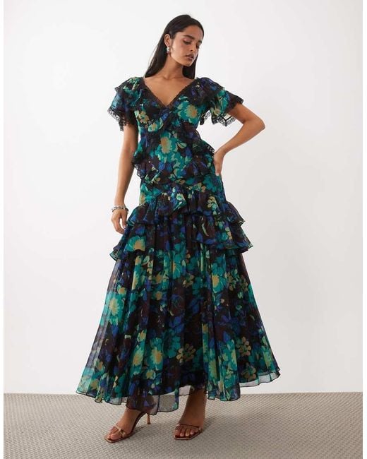 ASOS Multicolor Full Hem Ruffle Maxi Dress With Trim Detail And Open Back