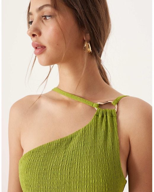 ASOS Green Textured One Shoulder Cut Out Waist With Hardware Detail Maxi Dress