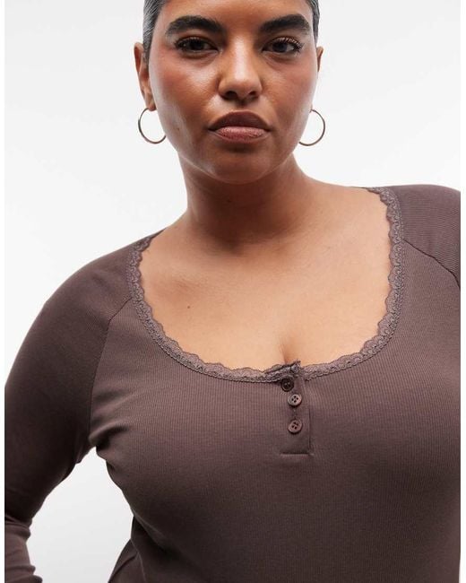 Noisy May Brown Long Sleeve Henley T-Shirt With Lace Neckline