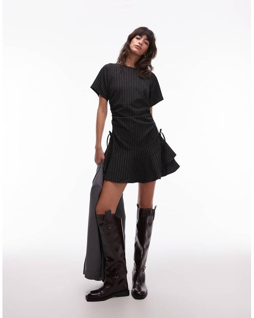 ASOS Black Short Sleeve Mini Dress With Ruching Tie Waist Detail