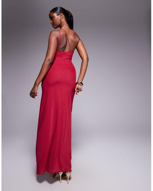 ASOS Red Asymmetric Double Strap With Gold Trim Detail With Ruching Mesh Maxi Dress