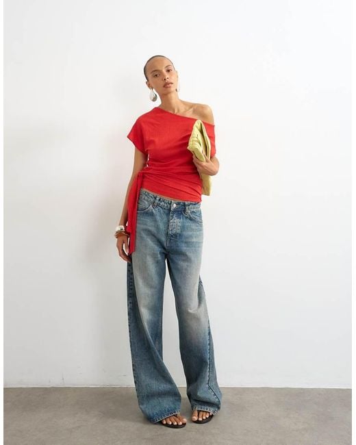 TOPSHOP Red Crinkle Off Shoulder Tie Front Top