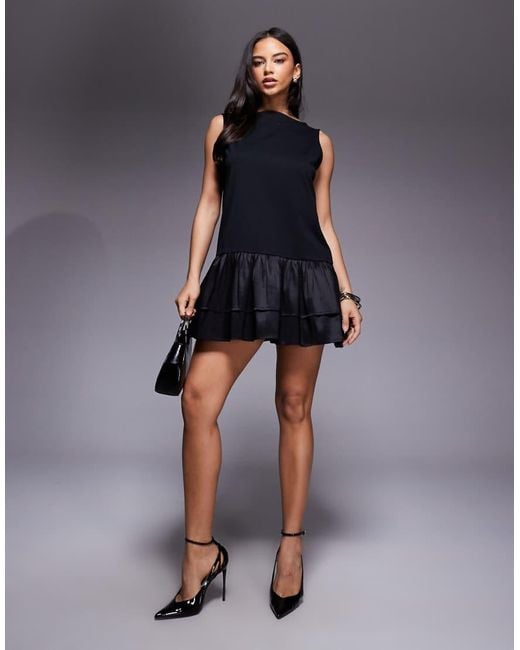 ASOS Blue Oversized Slash Neck Mini Dress With Taffeta Double Layer Dropped Hem Detail