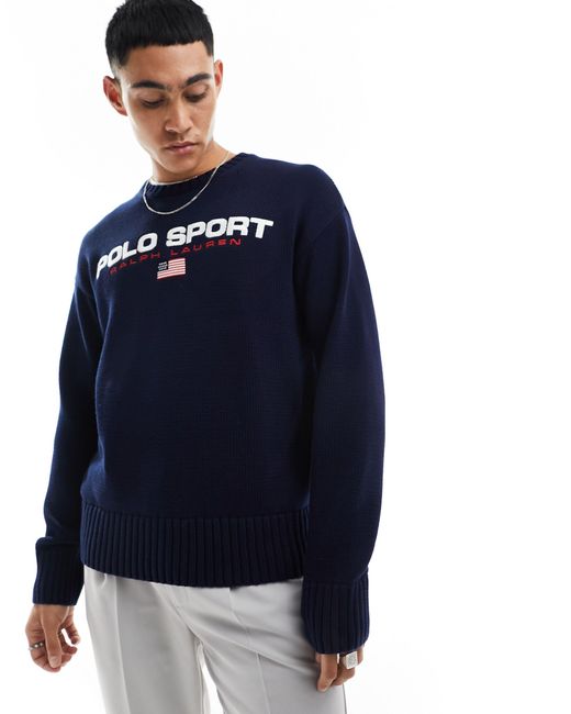 Polo Ralph Lauren Blue Sport Capsule Logo Cotton Knit Jumper Big Oversized Fit for men