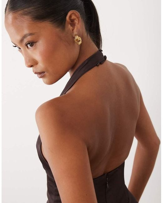 Forever New Brown Satin Plunge Corset Detail Bias Maxi Dress