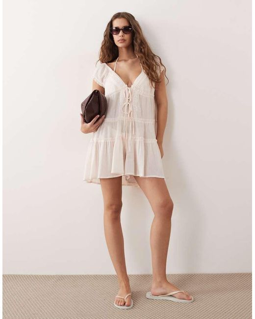 Miss Selfridge Natural Beach Embroidered Tie Front Playsuit