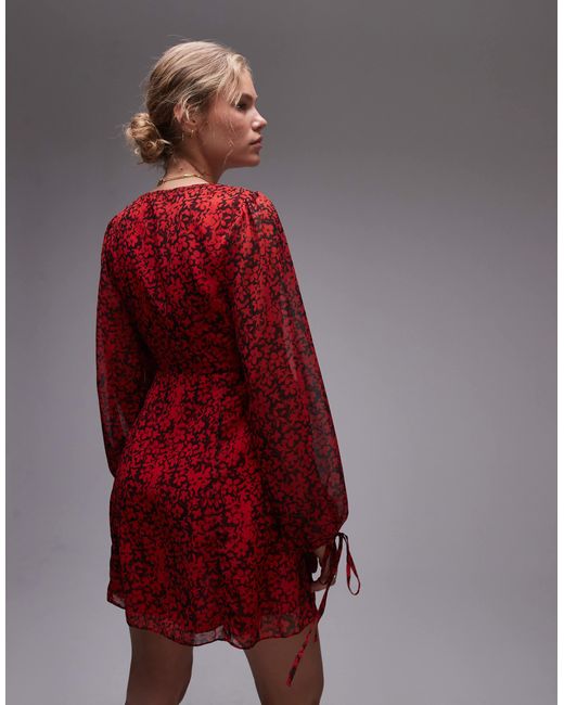 TOPSHOP Red Ruch Waist V Neck Mini Tea Dress