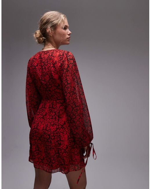 TOPSHOP Red Ruch Waist V Neck Mini Tea Dress