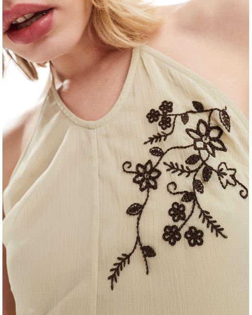 Collusion Natural Embroidered Chiffon Asymmetric Mini Dress