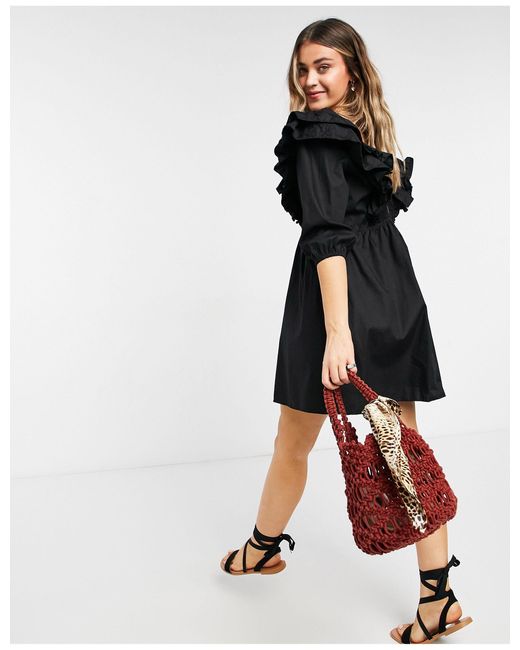 New Look Short-sleeved Ruffle Poplin Mini Dress in Black | Lyst