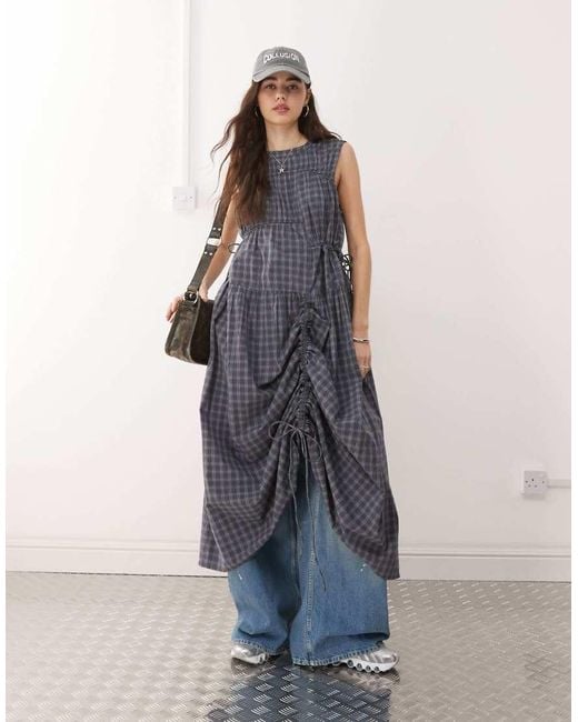 Collusion Blue Channel Check Maxi Dress