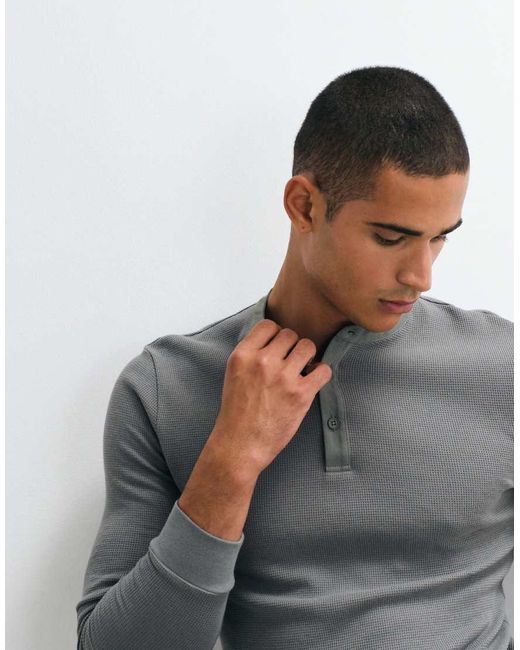 ASOS Gray Slim Fit Long Sleeve T-Shirt With Woven Henley for men