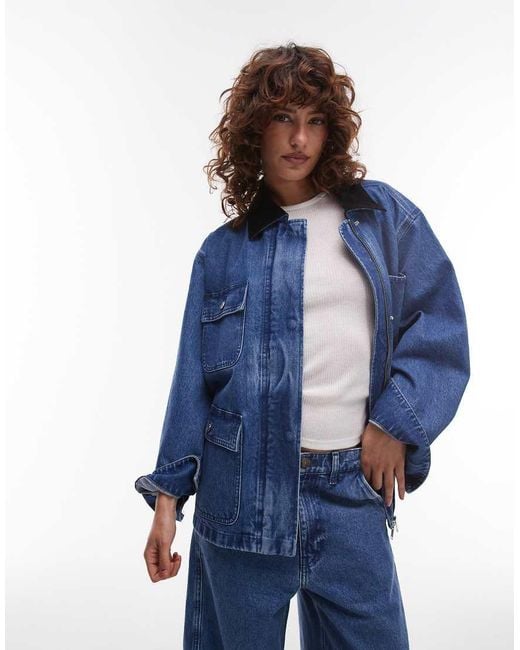 ARKET Blue Denim Oversized Workwear Barn Jacket With Flap Pockets And Contrast Collar