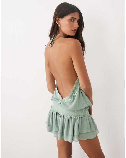 Tiger Mist Green Tessie Chiffon Halterneck Lace Trim Drop Waist Mini Dress