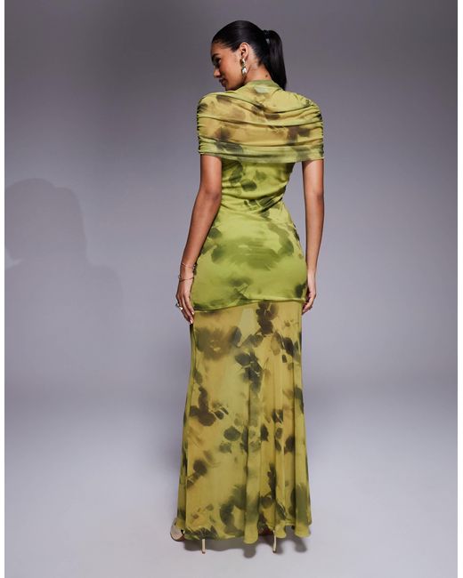 ASOS Green Printed Mesh Highneck Overlay Maxi Dress With Sheer Shirt