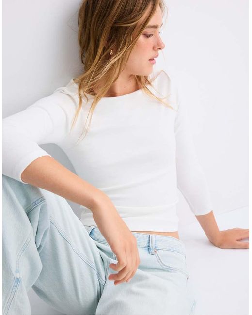 Stradivarius White Boat Neck 3/4 Sleeve T-shirt