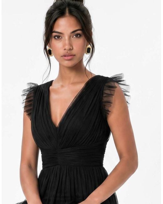ANAYA Black Flutter Sleeve Ruffle Maxi Dress