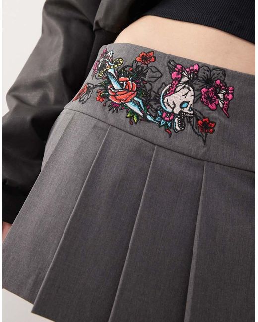 Ed Hardy Gray Skull And Panther Pleated Mini Skort