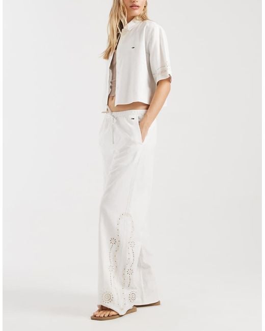 Tommy Hilfiger White Linen Trousers Co-Ord With Broderie Detail