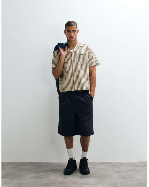 Prohibited Blue Short Sleeve Revere Collar Stripe Linen Mix Shirt for men