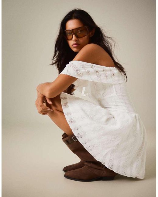 Bershka Natural Bardot Neckline Lace Dress