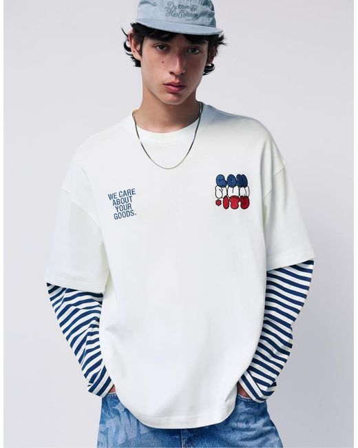 Pull&Bear White Stwd Double-sleeve Striped T-shirt for men