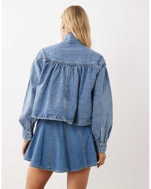 ASOS Blue Denim Funnel Neck Jacket With Bubble Hem Detail