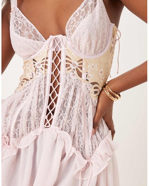 for love and lemons pink corset dress & Flyaway Lace Ruffle Bow Detail Mini in inv-899 LEMONS KEEPSAKES Long Sleeve Black Lace Satin corset Color:Purplish red