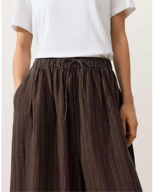 Oysho Brown Striped 100% Linen Balloon Trousers