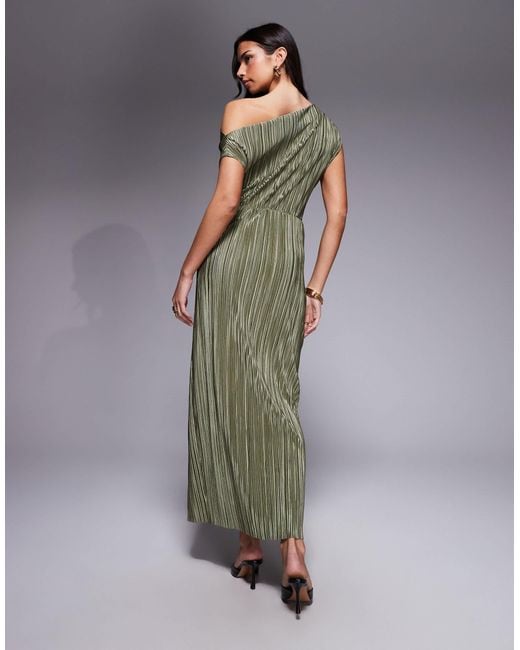 ASOS Green Plisse Twist Waist One Shoulder Midi Dress