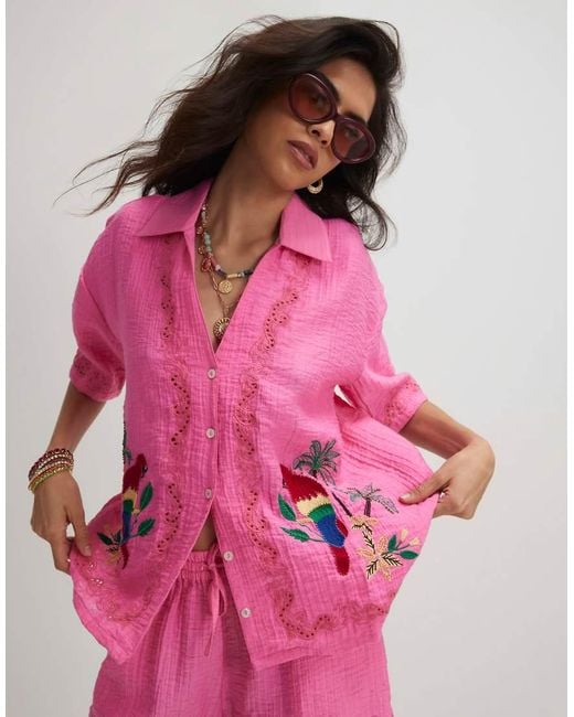 River Island Pink Parrot Embroidered Broderie Top