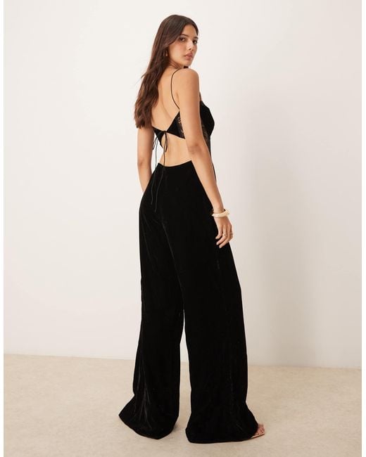 ASOS Natural Velvet Cami Jumpsuit With Lace Insert