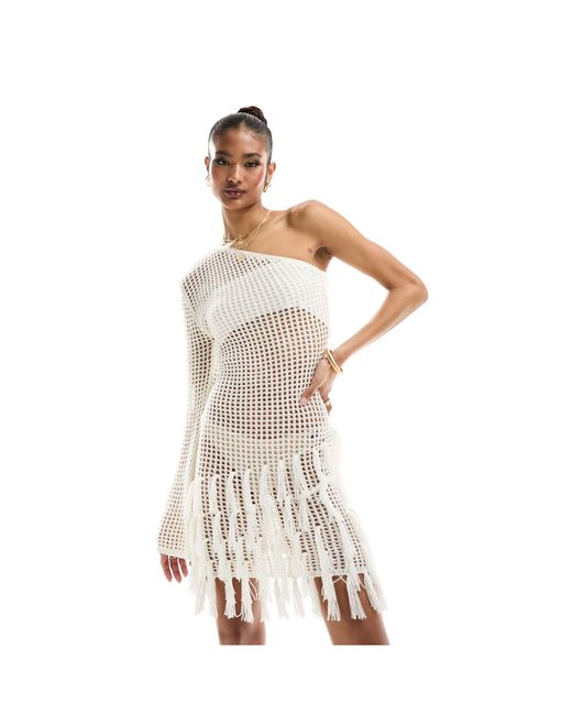 In The Style White Crochet One Sleeve Fringe Detail Mini Dress