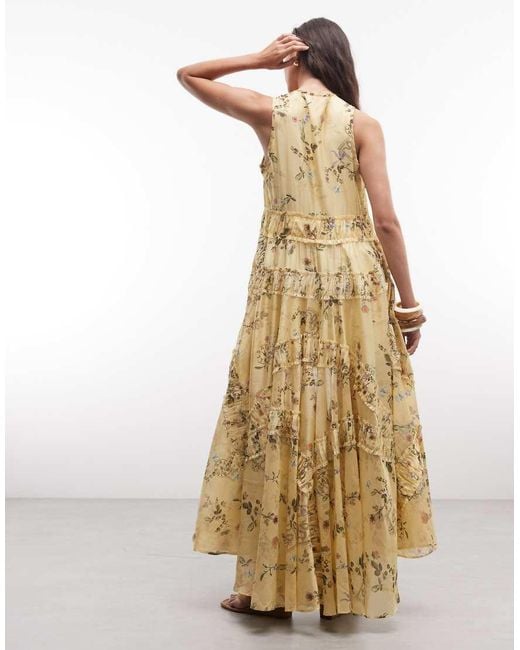 AllSaints Metallic Dorina Asymmetric Ruffle Floral Midi Dress