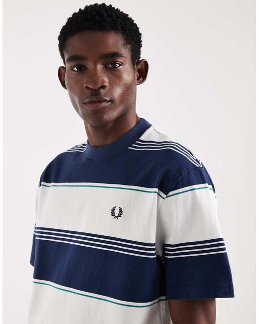 Fred Perry Blue Heavyweight Striped Logo T-shirt for men