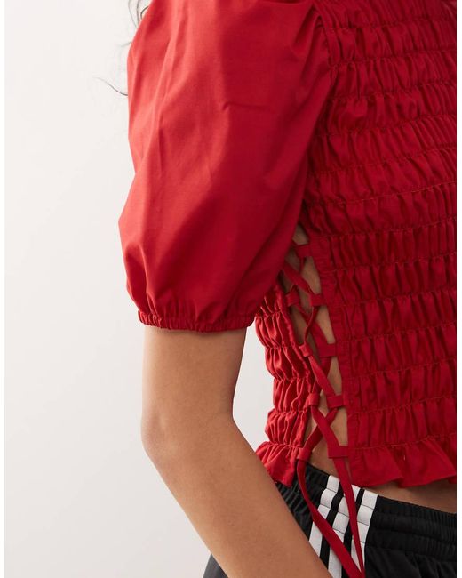 Collusion Red Shir Top With Lace Up Detail At Side