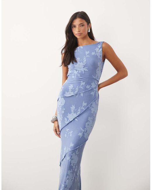 ASOS Blue Raw Seam Cowl Back Devore Maxi Dress