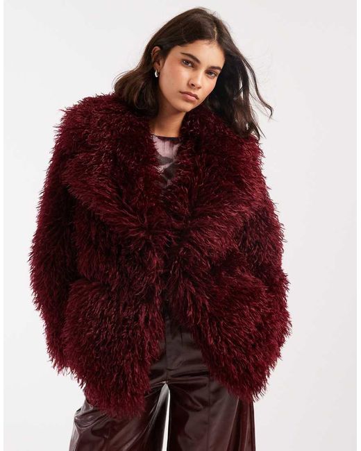 Miss Selfridge Red Mongolian Faux Fur Oversized Coat