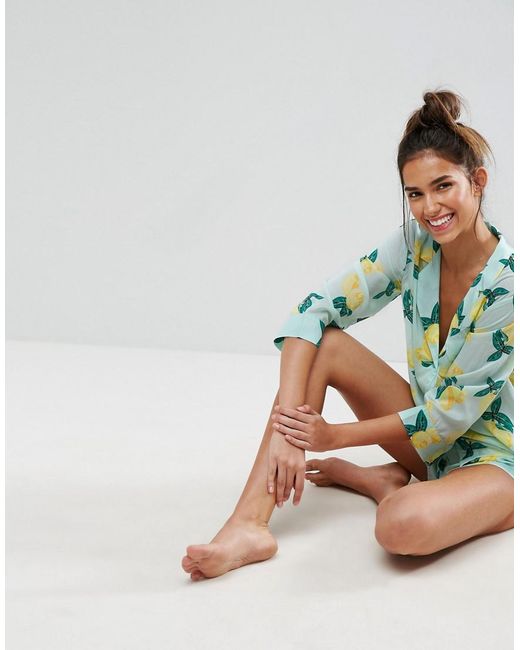 ASOS Lemon Print Long Sleeve Shirt Short Pajama Set In 100