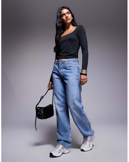 ASOS Top Met Dubbele Laag, Lange Mouwen En Wijde, Vierkante Hals in het Blue