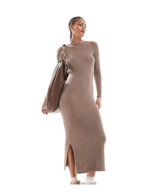 Vestito Lungo A Coste Con Scollo A Barchetta di ONLY in Brown