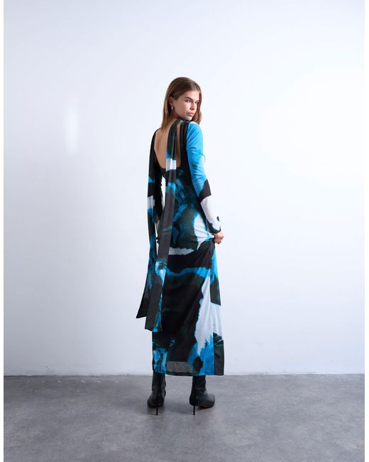 Tophop - robe longue à imprimé abstrait flouté et foulard TOPSHOP en coloris Blue