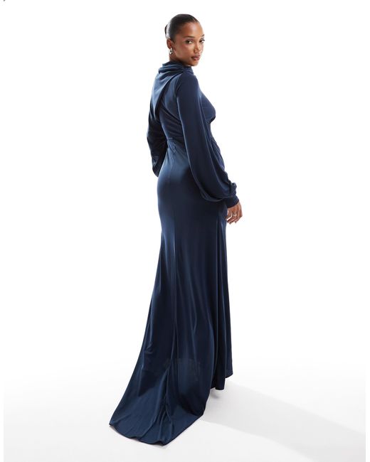 ASOS Premium High Neck Maxi Dress With Drape Sleeves in Blue | Lyst