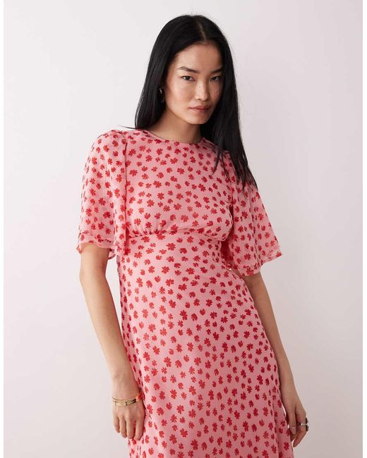 Wednesday's Girl Pink Floral Print High Neck Ruffle Sleeve Maxi Dress
