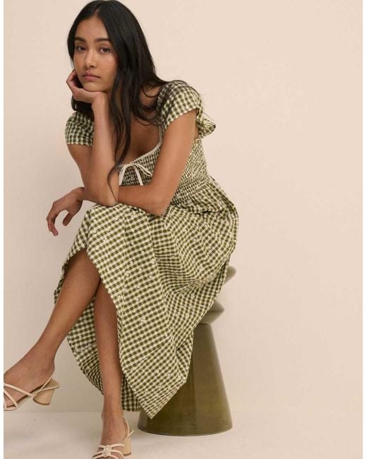 Nobody's Child Natural Gingham Embroidered Shirred Mindy Midi Dress