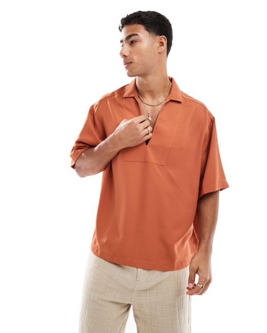 ASOS Brown Boxy Oversized Overhead Shirt With Raw Edge for men