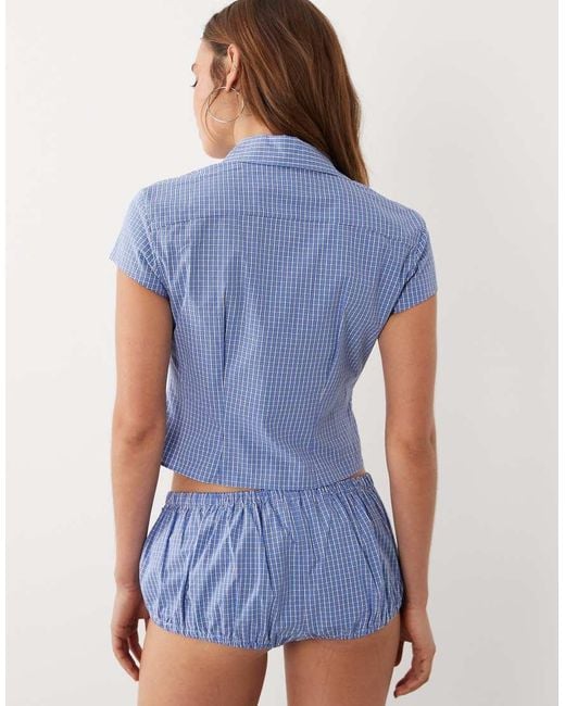 Mango Blue Starring Hailey Bieber Gigi Cinched Waist Short Sleeve Shirt
