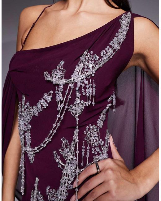 ASOS Purple Fringe Embellished Bias Cut Maxi Dress With Cape Sleeve